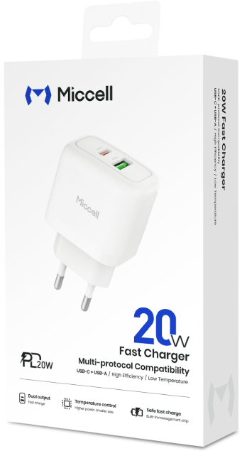 Miccell AC charger 20W USB A USB C white VQ-T12